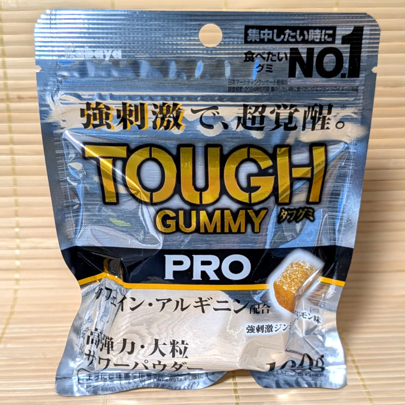 A package of TOUGH Gummy PRO with ginger lemon flavor, displaying the product name and number one indicator, in a resealable silver pouch.