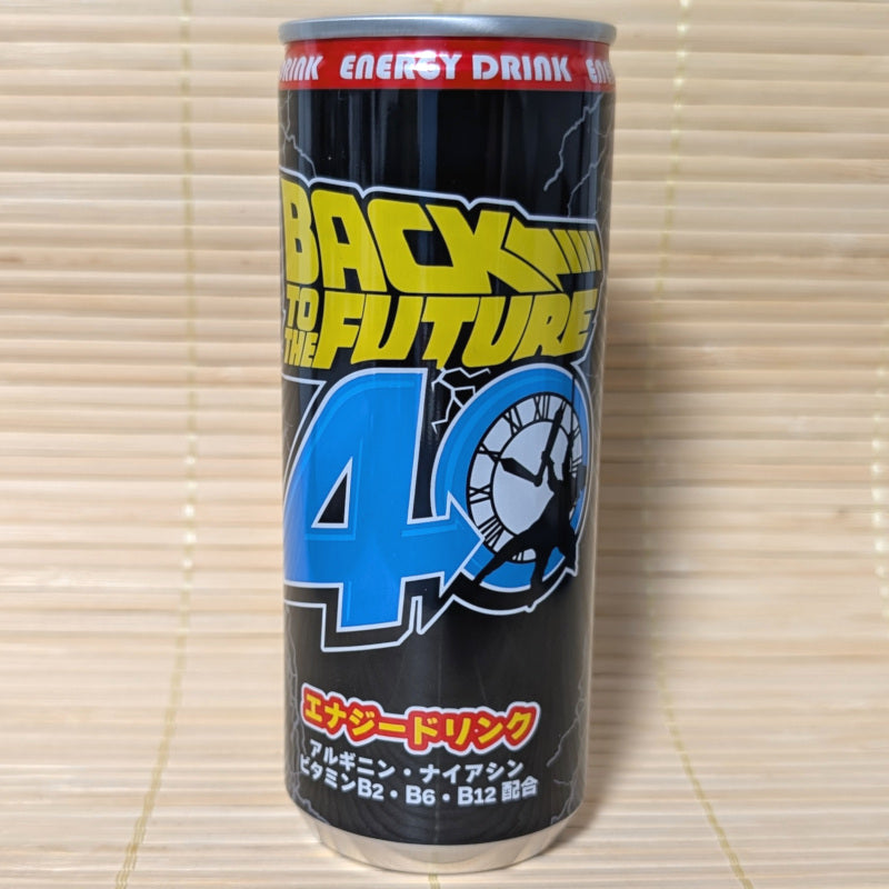 Limited Edition Japanese Back to the Future 40 Energy Drink can with clock tower logo. Displayed on a tatami background.