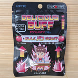 A black 21g pouch of Lotte Black Black Delicious Buff Tropical Peach Gum featuring retro pixel art of a powered-up student at a desk on a bamboo mat background.