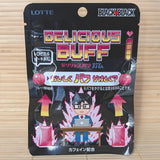 A black 21g pouch of Lotte Black Black Delicious Buff Tropical Peach Gum featuring retro pixel art of a powered-up student at a desk on a bamboo mat background.