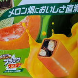 Melon Black Thunder chocolate mini bar graphics on a shiny foil bag. This is a close-up shot from the Japanese snack.