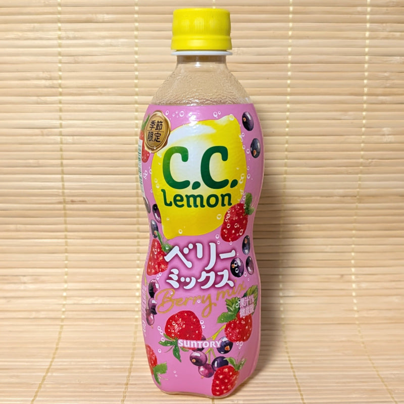 A 500ml bottle of Suntory C.C Lemon Berry Mix bottle on a tatami surface