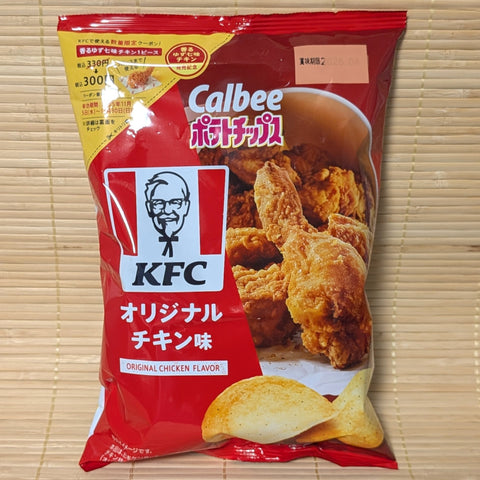 Calbee KFC potato chip package on a wooden surface