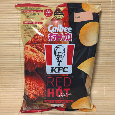 A black and gold 62g bag of Calbee KFC Red Hot Chicken chips showing the classic Colonel Sanders logo and spicy fried chicken pieces on a tatami background.