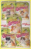 Multiple packages of Candeminia cat treats with cartoon cats on the packaging, displayed against a white background.