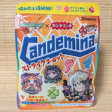 Orange bag of Kanro Candemina Assorted Fruit gummies featuring different anime characters from the game Monster Strike.
