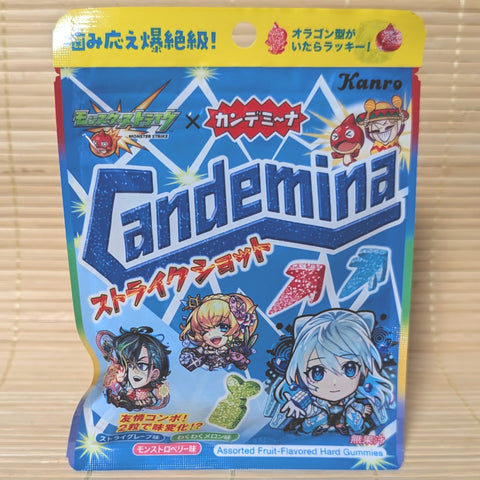 Blue bag of Kanro Candemina Assorted Fruit gummies featuring different anime characters from the game Monster Strike.