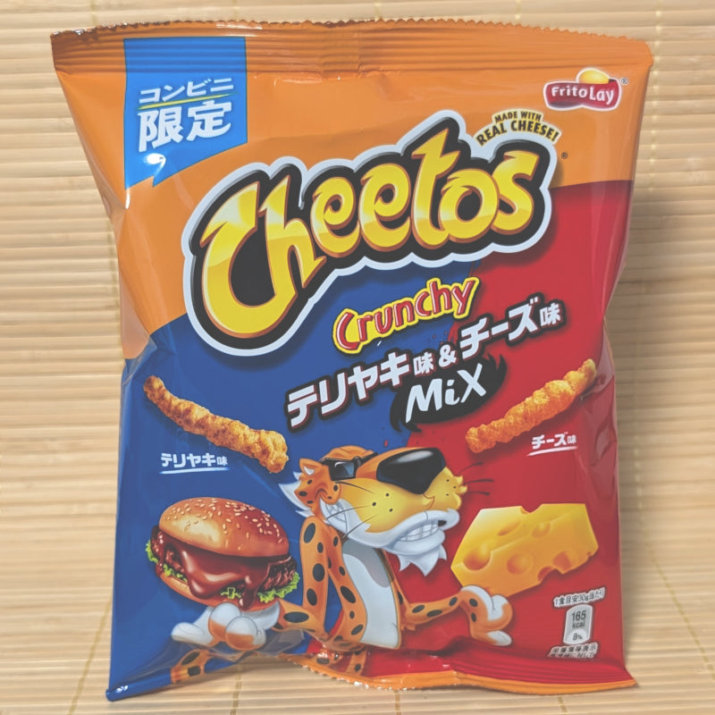 An orange and blue bag of Japanese Cheetos Crunchy Teriyaki and Cheese Mix featuring Chester Cheetah.