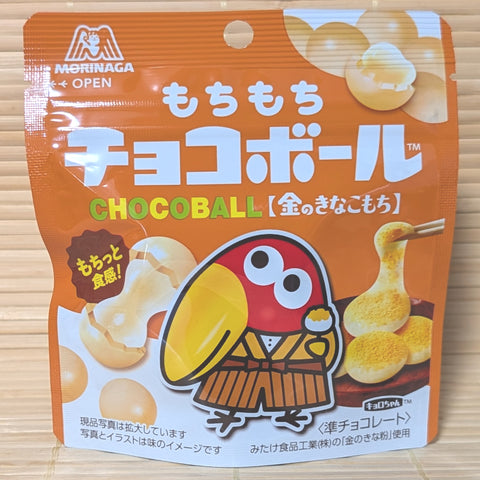 An orange 39g pouch of Chocoball Kinako Mochi showing Kyoro-chan mascot on a bamboo mat background.