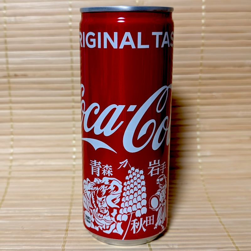 A sleek red 250ml Coca-Cola slim can featuring white festival line art and kanji characters for Aomori, Iwate, and Akita on a tatami background.