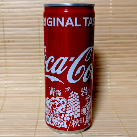 A sleek red 250ml Coca-Cola slim can featuring white festival line art and kanji characters for Aomori, Iwate, and Akita on a tatami background.