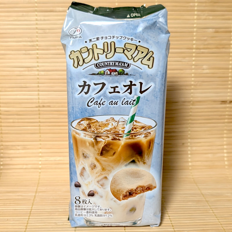 A light blue vertical pack of 8 Fujiya Country Ma'am Cafe au Lait cookies with iced coffee glass artwork on a bamboo mat background.