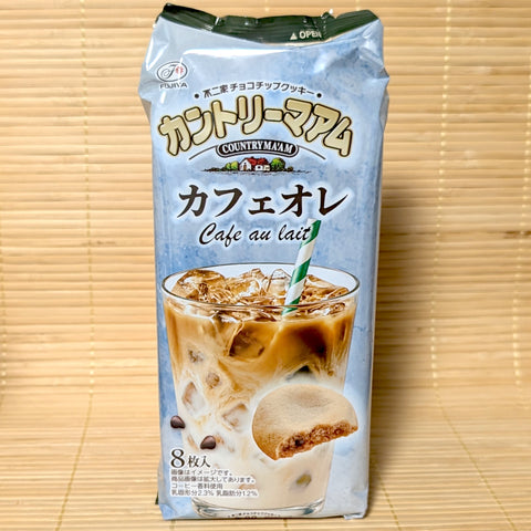 A light blue vertical pack of 8 Fujiya Country Ma'am Cafe au Lait cookies with iced coffee glass artwork on a bamboo mat background.