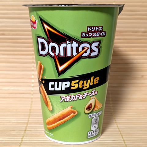 Avocado Cheese Doritos Cup Style snack on tatami mat.
