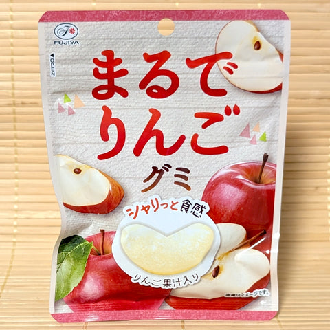 A white and red 53g pouch of Marude Ringo Crisp Texture Apple Gummy displaying fresh red apple graphics on a bamboo background.