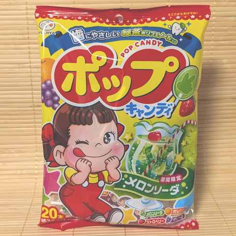 Fujiya Peko Chan Lollipop Fruit Mix Assorted Pack displayed on a tatami background.