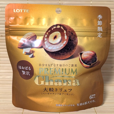 Pouch of Lotte Premium Ghana Large Truffles with Hazelnut and Almond. Displayed on a tatami background.
