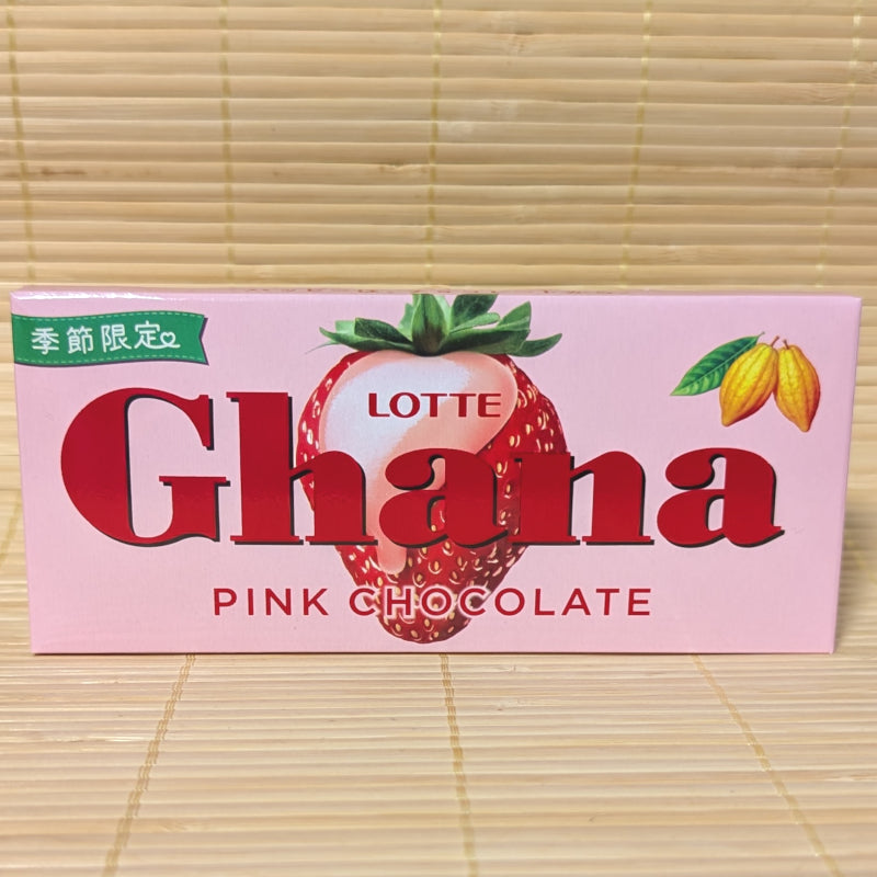 A Lotte box of Ghana Pink Chocolate Strawberry flavor. Displayed on a tatami surface.