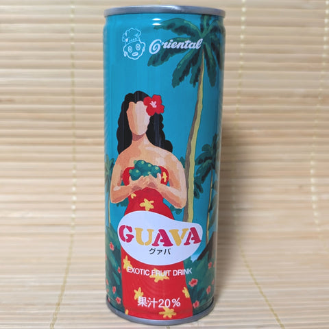 A turquoise Oriental Guava drink can on a tatami background featuring a tropical painting of a woman in a floral dress with palm trees.