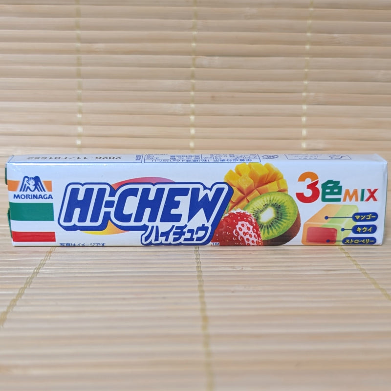 Pack of 7-Eleven Japan exclusive Hi-Chew showing three-layer fruit pieces in Mango, Kiwi, and Strawberry.