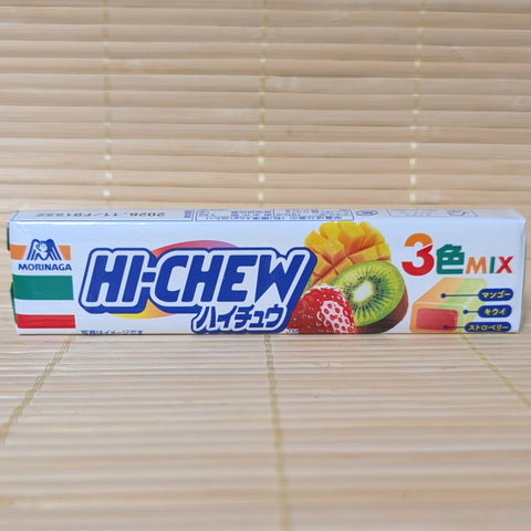 Pack of 7-Eleven Japan exclusive Hi-Chew showing three-layer fruit pieces in Mango, Kiwi, and Strawberry.