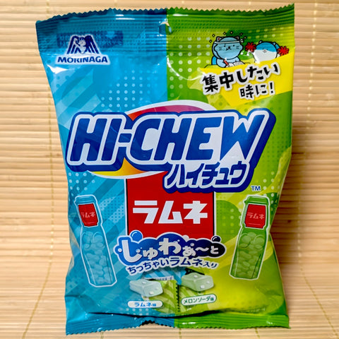 A bag of Hi Chew Ramune and Melon Soda Shuwa Fizzy edition. Displayed on a tatami background.