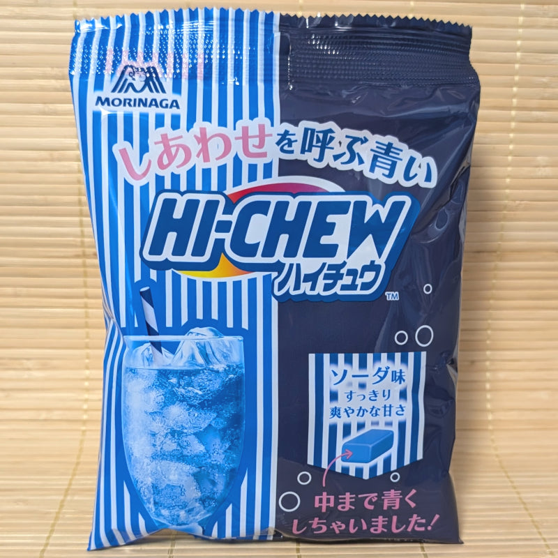 A blue and white striped bag of Morinaga Blue Soda Hi-Chew from Lawson displayed on a tatami background.
