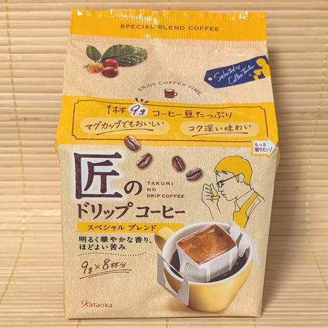 A package of Kataoka brand Drip Coffee, Special Blend, displayed on a tatami background.