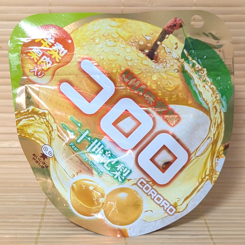 A metallic 40g pouch of Kororo Japanese Pear gummies featuring a golden Nijisseiki Asian pear graphic on a bamboo mat.