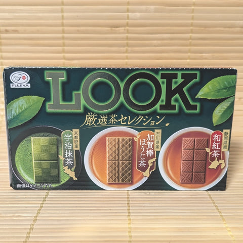 Dark green box of LOOK chocolate showing three tea types: Uji Matcha, Kaga Bocha, and Shizuoka Wakocha.