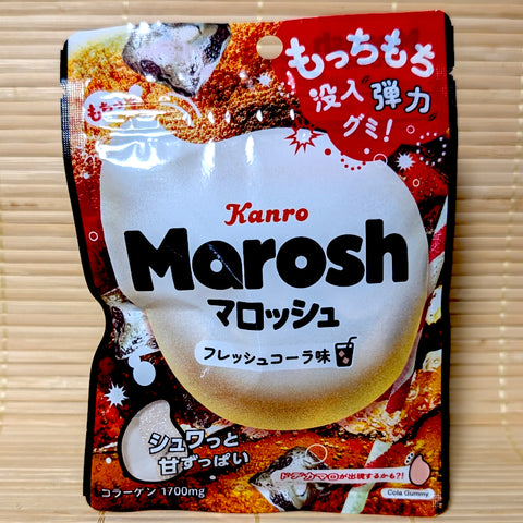 A texture revolution! Japanese Kanro Marosh Fresh Cola features a 46g resealable pouch of bouncy marshmallow hybrid teardrop gummies with sour crystals.