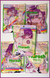 Five different anime character package designs for Kanro Marosh Lime Ginger Ale gummies displayed together.
