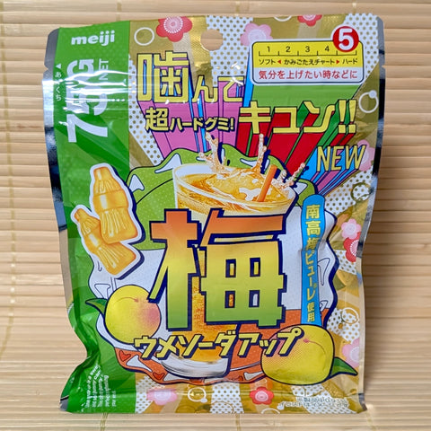A colorful pack of Meiji Ume Soda Up gummy candy on a wooden surface