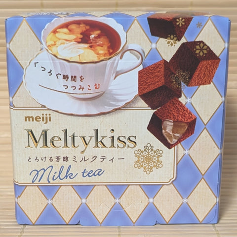 Box of Meiji Meltykiss Melting Mellow Milk Tea chocolate truffles with a tea cup illustration.