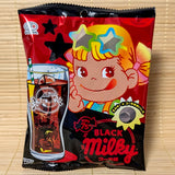 A bold red and black 64g bag of Fujiya Black Milky Cola candy featuring Peko-chan wearing star-shaped sunglasses and a glass of cola on a bamboo mat background.