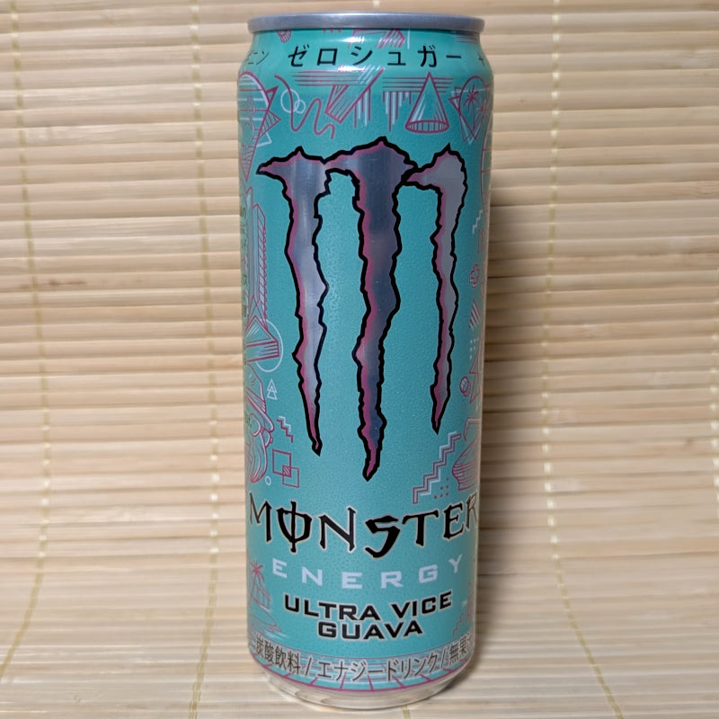 A teal and pink 355ml can of Monster Energy Ultra Vice Guava with Japanese text and retro graphics.