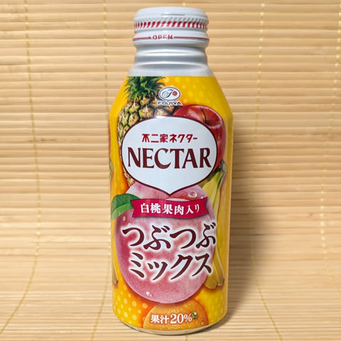 An aluminum bottle of Fujiya Nectar Tsubu-Tsubu Mixed Fruit featuring images of peach, apple, pineapple, banana, and orange.