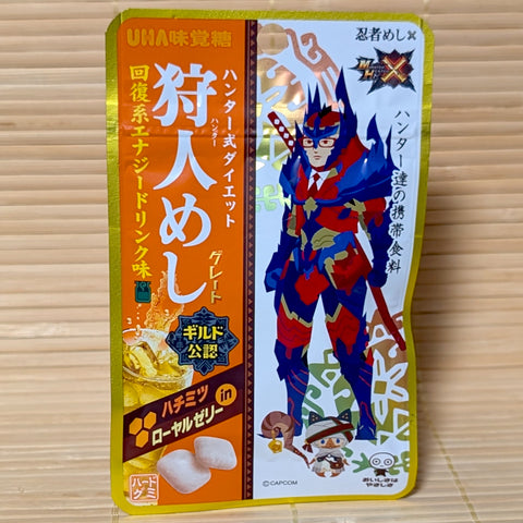A metallic 20g pouch of UHA Ninja Meshi Energy Drink Gummy showing Monster Hunter character artwork on a bamboo background.   