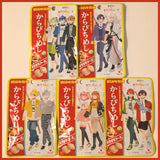 Five bright yellow 20g pouches of UHA Ninja Meshi Karapichi Cola Gummy showing Colorful Peach anime character artwork on a bamboo background.   