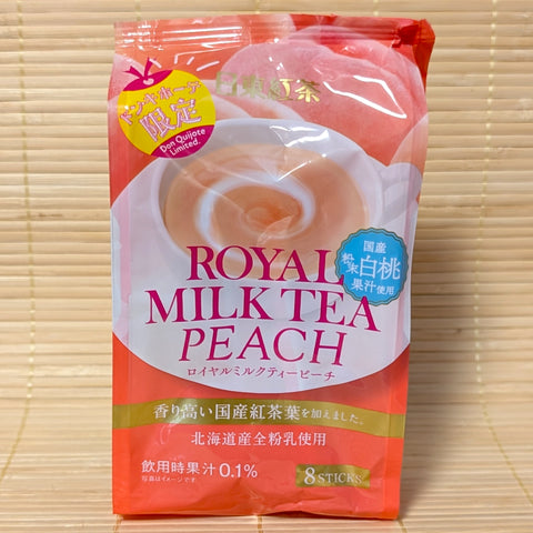 A pack of Nitoh Royal Milk Tea Peach flavor that has 8 individual sticks inside. displayed on a tatami background.