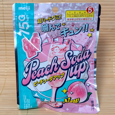 A 75 gram pack of Meiji Peach Soda Up Hard Gummy candies. A colorful pink and baby blue design. Displayed on a tatami background.