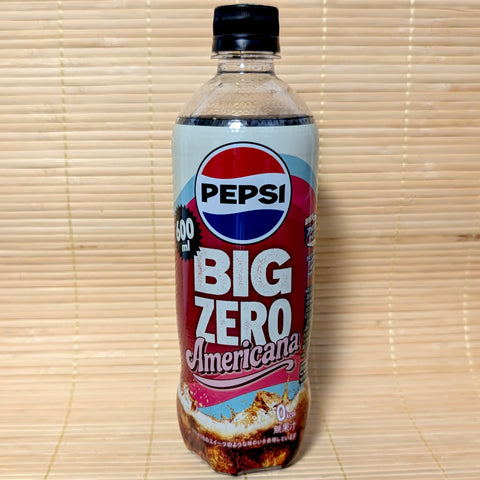 A 600ml bottle of Pepsi Big Zero Americana with a retro red and white design, photographed on a traditional Japanese tatami mat background.