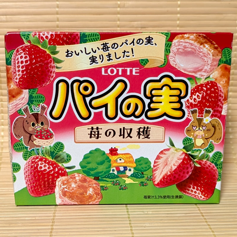 A colorful red 69g box of Lotte Pie No Mi Strawberry Harvest featuring cute squirrel illustrations and strawberry fruit pie graphics.