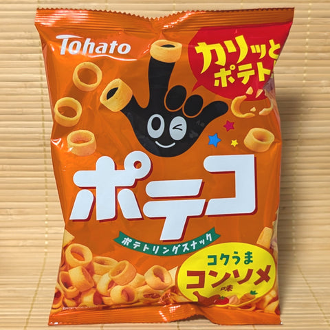A bright orange bag of Tohato Poteko Potato Ring Snack Rich Consomme featuring potato ring graphics on a bamboo background.   
