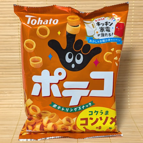 A bag of Tohato Poteko Rich Consomme Soup flavored potato ring crisps. Displayed on a tatami mat.