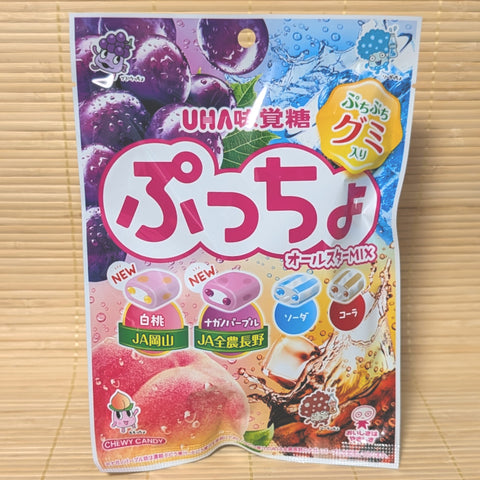 A vibrant 88g pouch of Puccho All-Star Mix featuring large illustrations of peaches, grapes, and soda splashes.