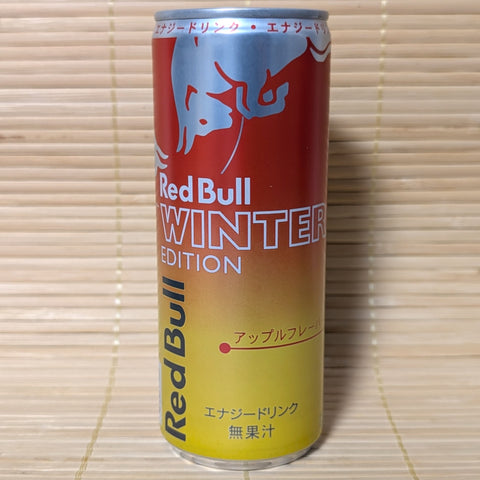 Red Bull 2025 Winter Edition can of Japan Exclusive APPLE FLAVOR on a tatami surface
