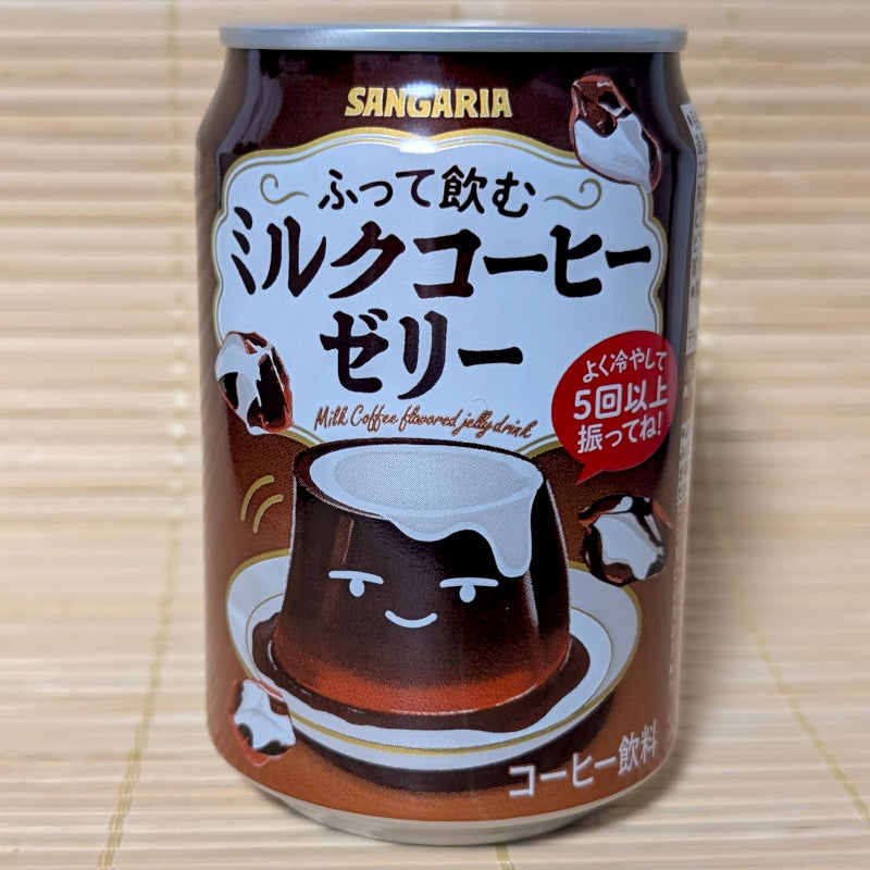 A brown aluminum can of Sangaria Milk Coffee Jelly showing a glass of coffee with jelly cubes and milk being poured.