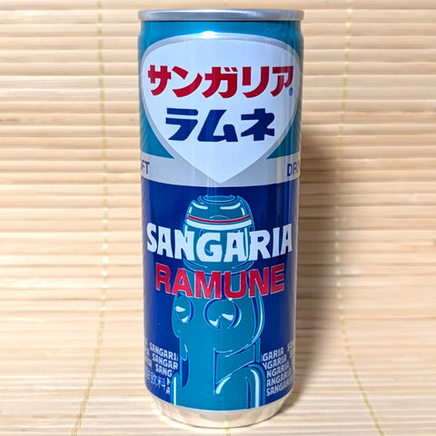 A blue and white Sangaria Ramune can on a tatami surface