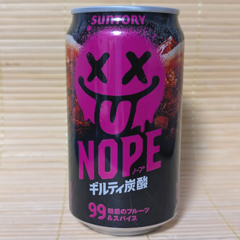 A black 340ml Suntory NOPE soda can with a vibrant neon pink smiley face graphic on a tatami background.